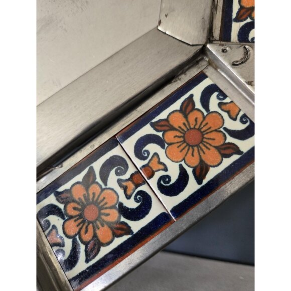 Mexican Punched Tin and Talavera Tile Octagonal Frame Floral Folk Art Boho Decor - Picture 4 of 8